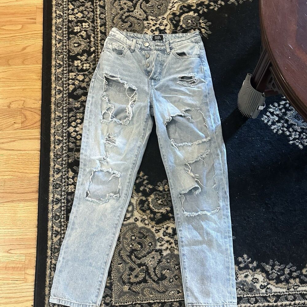 Light Wash Thrashed Extreme Ripped Straight Leg Jeans